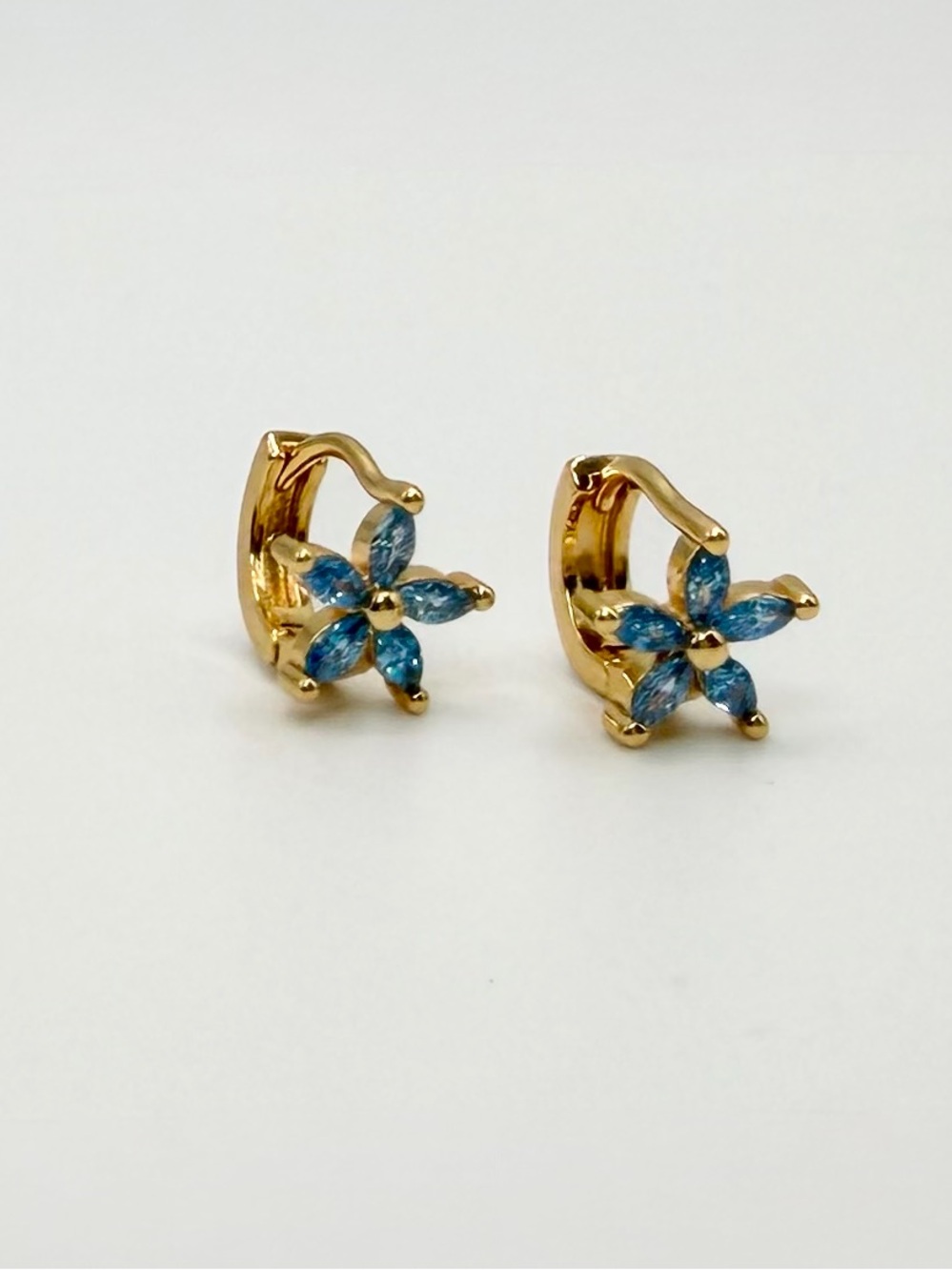 Gold Plated Blue Flower Crystal Huggie Earrings - Picture 6 of 6
